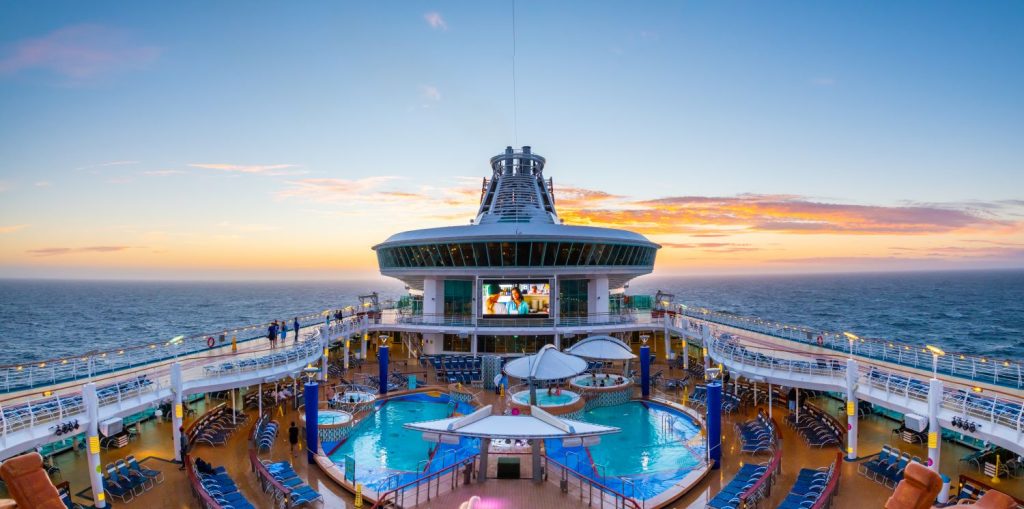 View of the deck area on the Explorer of the Seas cruise ship during sunset.