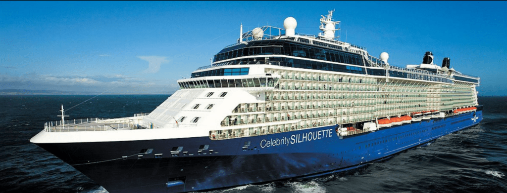 Celebrity Silhouette cruise ship sailing on the ocean with multiple decks and balconies.