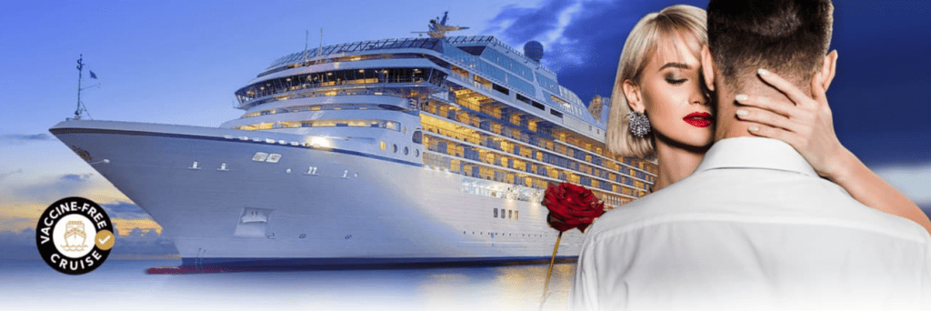A large cruise ship docked with a couple embracing, featuring a rose and elegant attire.