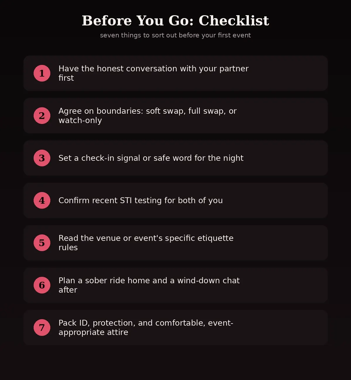 Checklist of seven things to do before your first swinger event