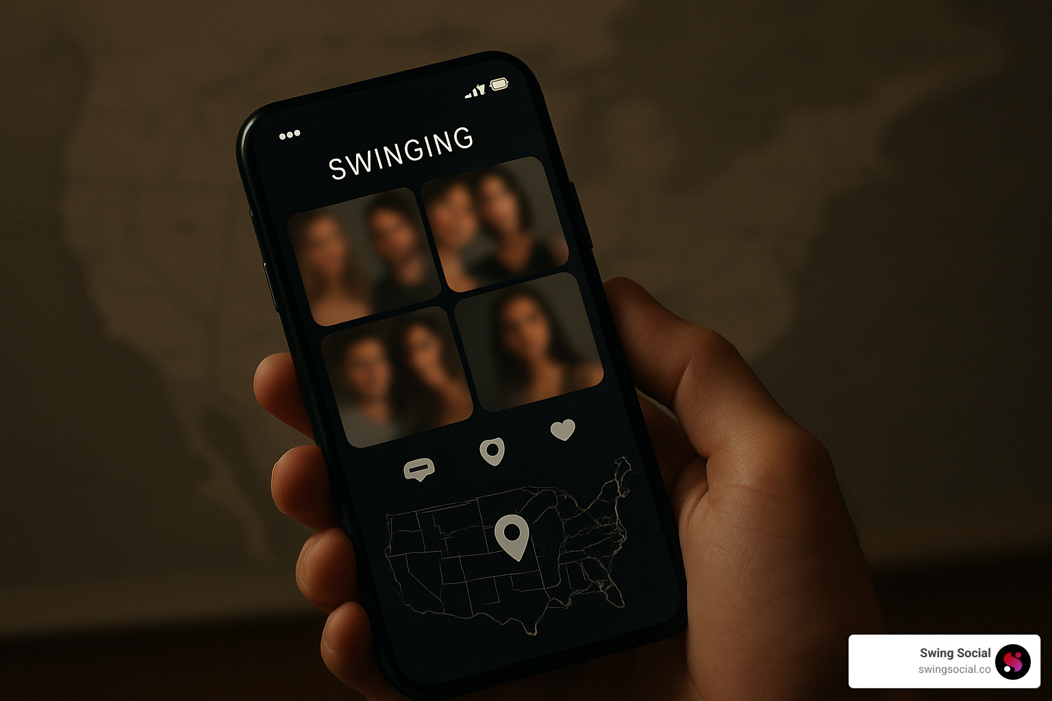 smartphone with blurred profiles on swinging app - free swinging sites