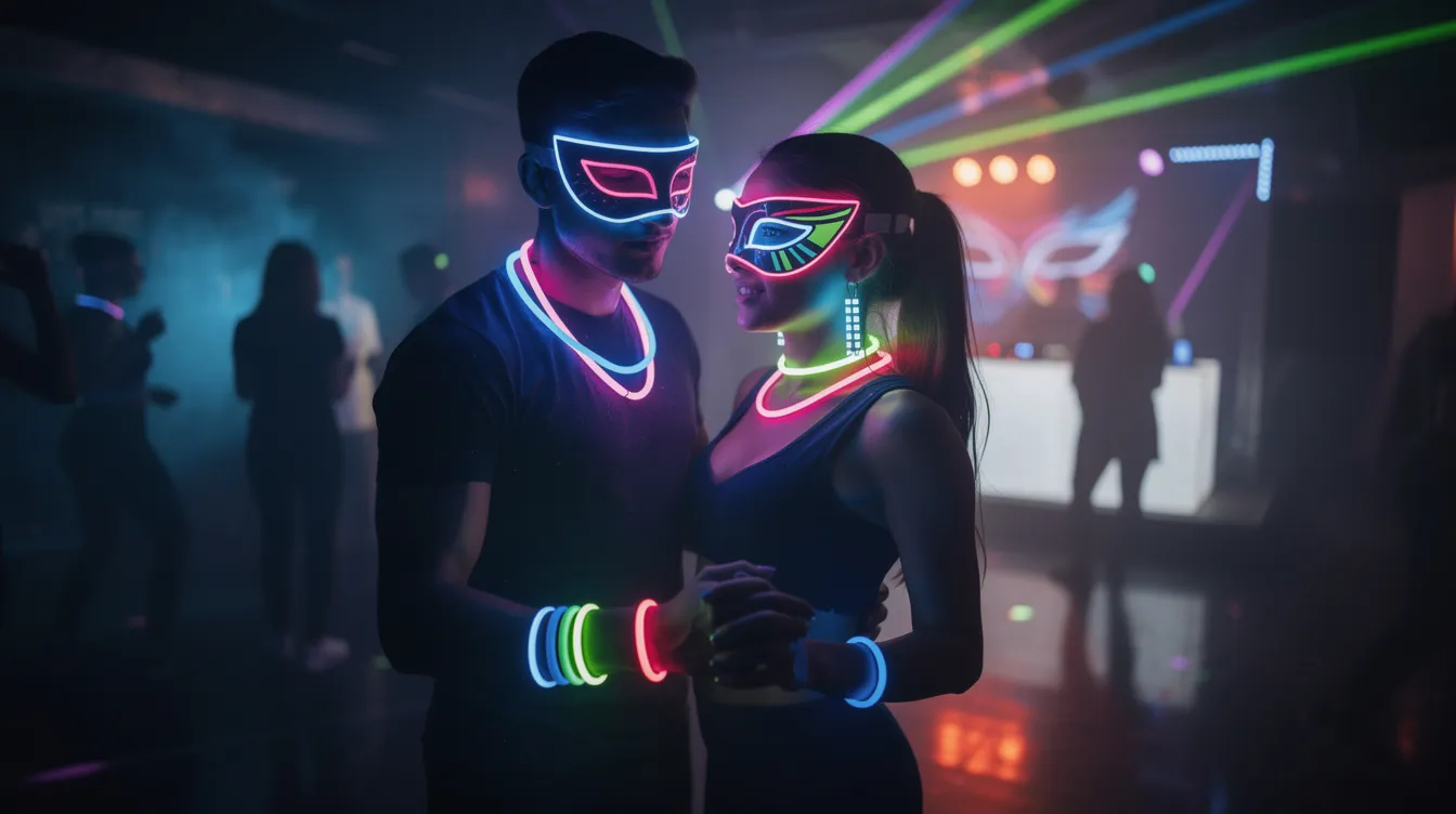 Couple dancing energetically in a neon-lit nightclub, capturing the vibrant and judgment-free atmosphere of lifestyle cruise parties.