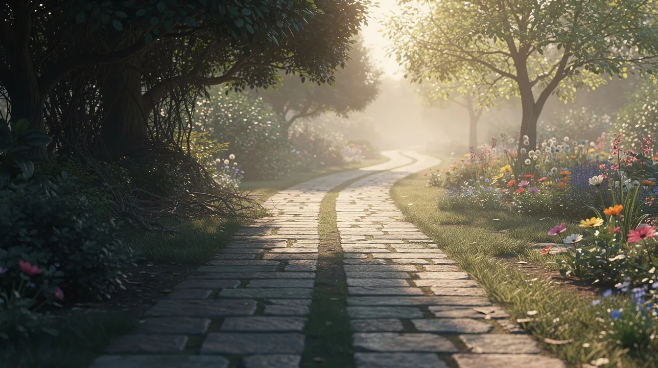 The image depicts two diverging pathways in a garden: one is dark and shadowy, suggesting mystery and uncertainty, while the other is bright and open, symbolizing clarity and opportunity. This scene could represent the choices faced by married individuals exploring online dating or seeking discreet connections in their relationships.