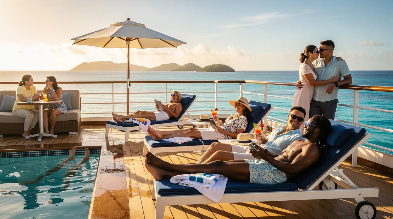 Couples enjoying a sunny cruise deck with a tropical ocean backdrop, embodying the judgment-free, welcoming environment of lifestyle cruises.