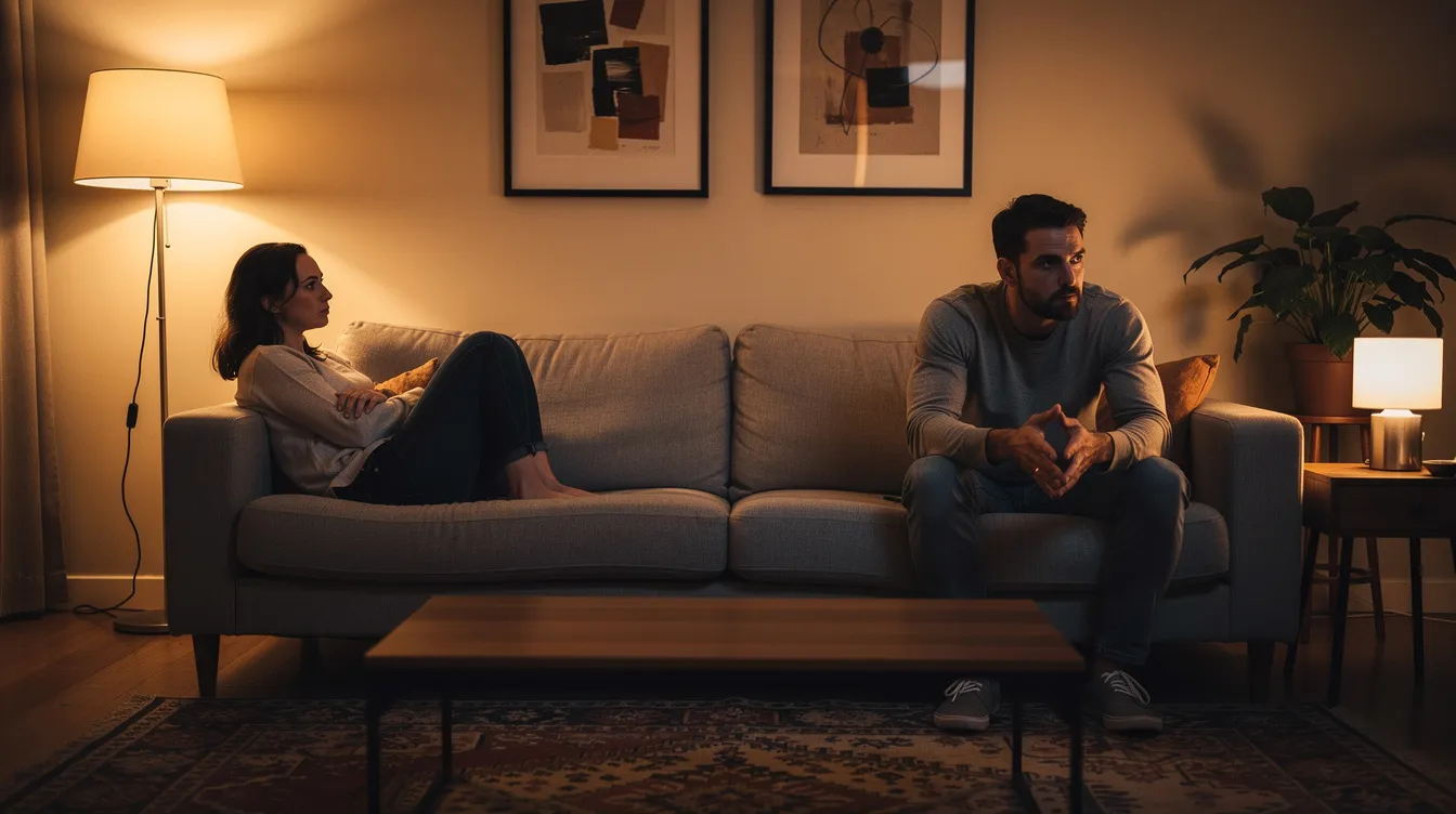 A couple sits on opposite ends of a cozy couch, both looking pensive under warm lighting in a living room, reflecting on their relationship. This image could resonate with those exploring online dating or married dating sites, as it captures the complexity of emotions in a serious relationship.