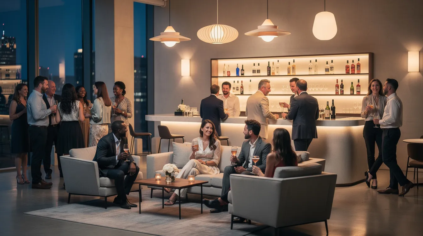 A diverse group of adults is casually mingling at a modern lounge, each holding cocktails and engaging in lively conversations, creating a relaxed atmosphere perfect for socializing and potentially meeting new people through online dating or a married dating site. The scene reflects a vibrant social gathering where friendships and discreet connections can flourish.