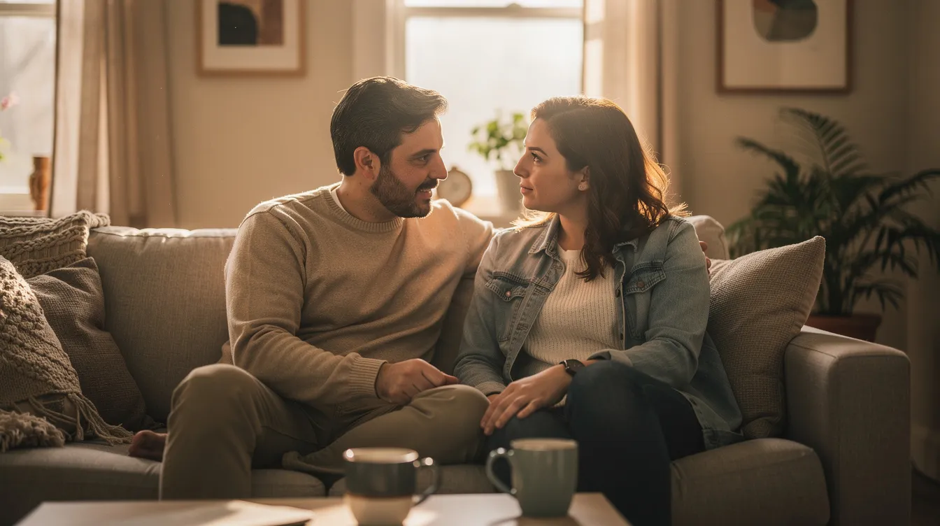A man and a woman sit closely together on a couch, engaged in a relaxed and earnest conversation, embodying the open communication that is essential in the swinging lifestyle. Their connection reflects the mutual respect and emotional intimacy often found in committed couples exploring their desires within the swinging community.