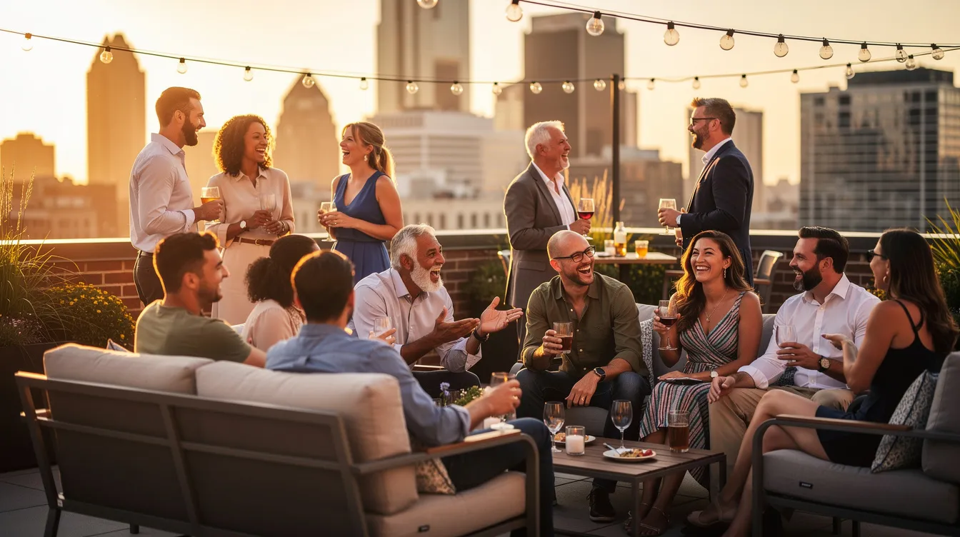 A lively gathering on a stylish rooftop features a diverse group of adults laughing and socializing, embodying the spirit of the swinging lifestyle. The atmosphere is filled with open communication and mutual respect as committed couples engage in conversation, exploring shared interests and desires in a fun, relaxed setting.