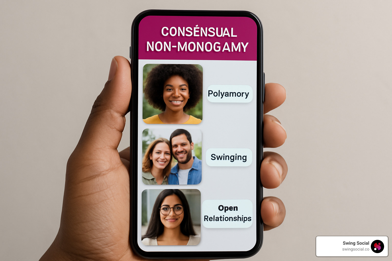 Smartphone screen showing dating app interface for consensual non-monogamy - polyamory vs swinging