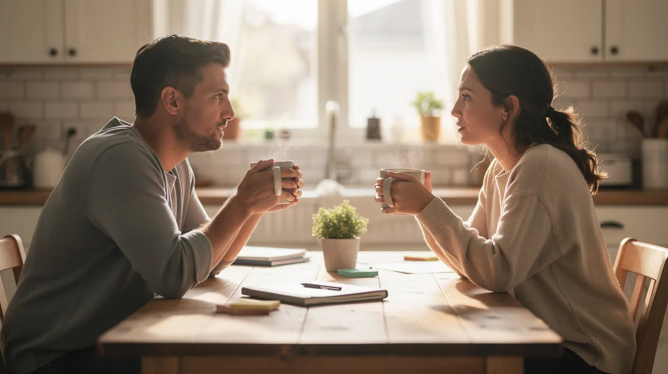 The image depicts two people engaged in a calm and focused conversation over coffee at a kitchen table, highlighting the importance of clear communication and mutual respect in their relationship. This intimate setting suggests a healthy open relationship where emotional boundaries are respected, allowing for honest discussions about their feelings and commitments.