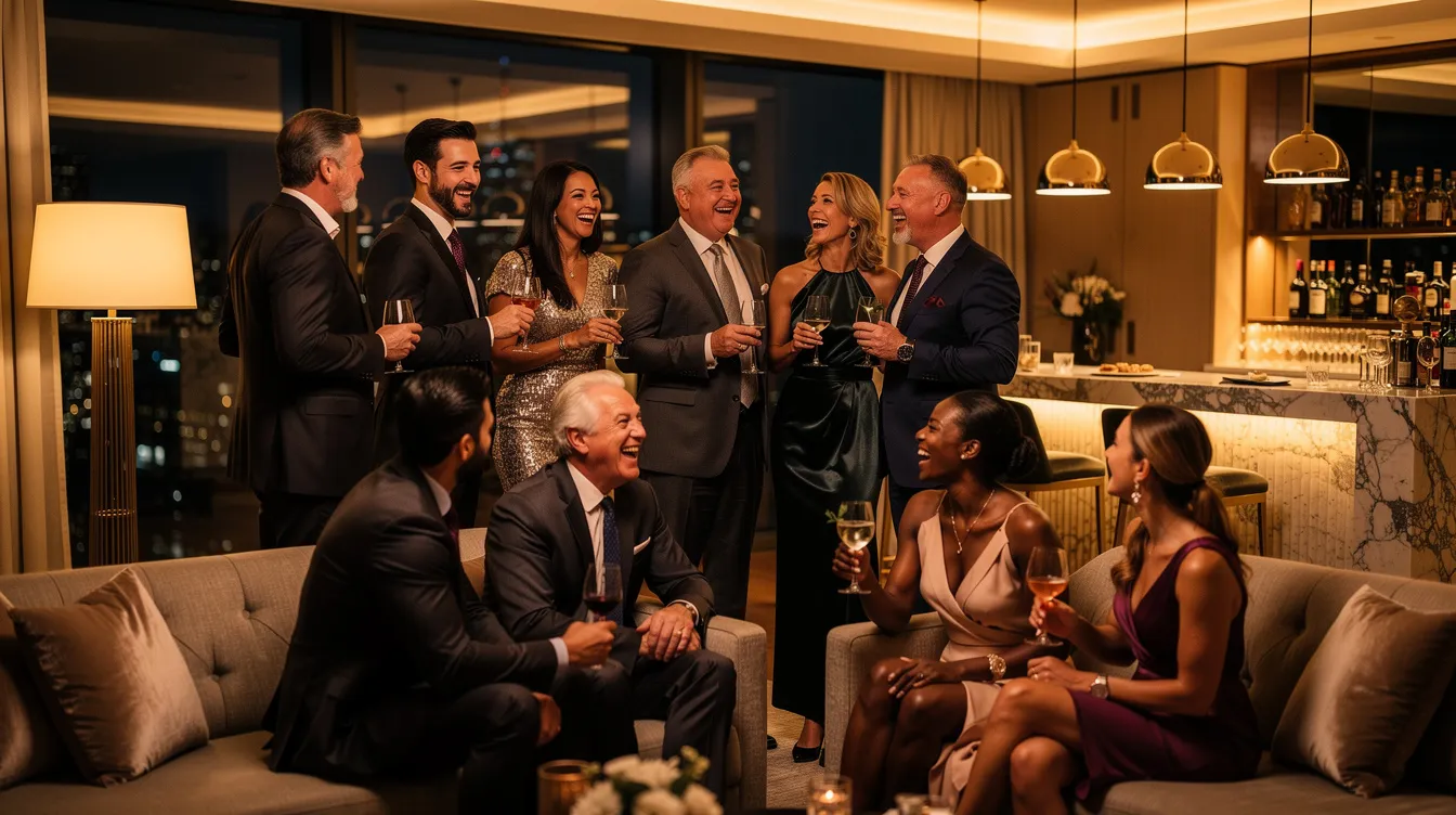 A diverse group of well-dressed adults is socializing and laughing together at an upscale private evening gathering, creating a lively atmosphere of connection and enjoyment. The attendees, including couples and single men, are engaged in conversation, embodying the spirit of fun and camaraderie that the lifestyle club promotes.