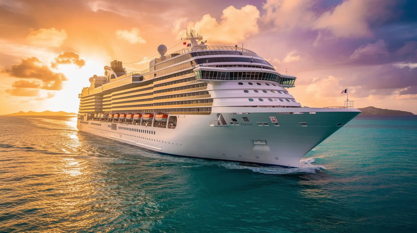 A luxury cruise ship glides through calm turquoise waters during golden hour, illuminated by a dramatic sunset sky in the background. The scene evokes a sense of relaxation and adventure, perfect for adults looking to enjoy exclusive experiences and connections on the open sea.