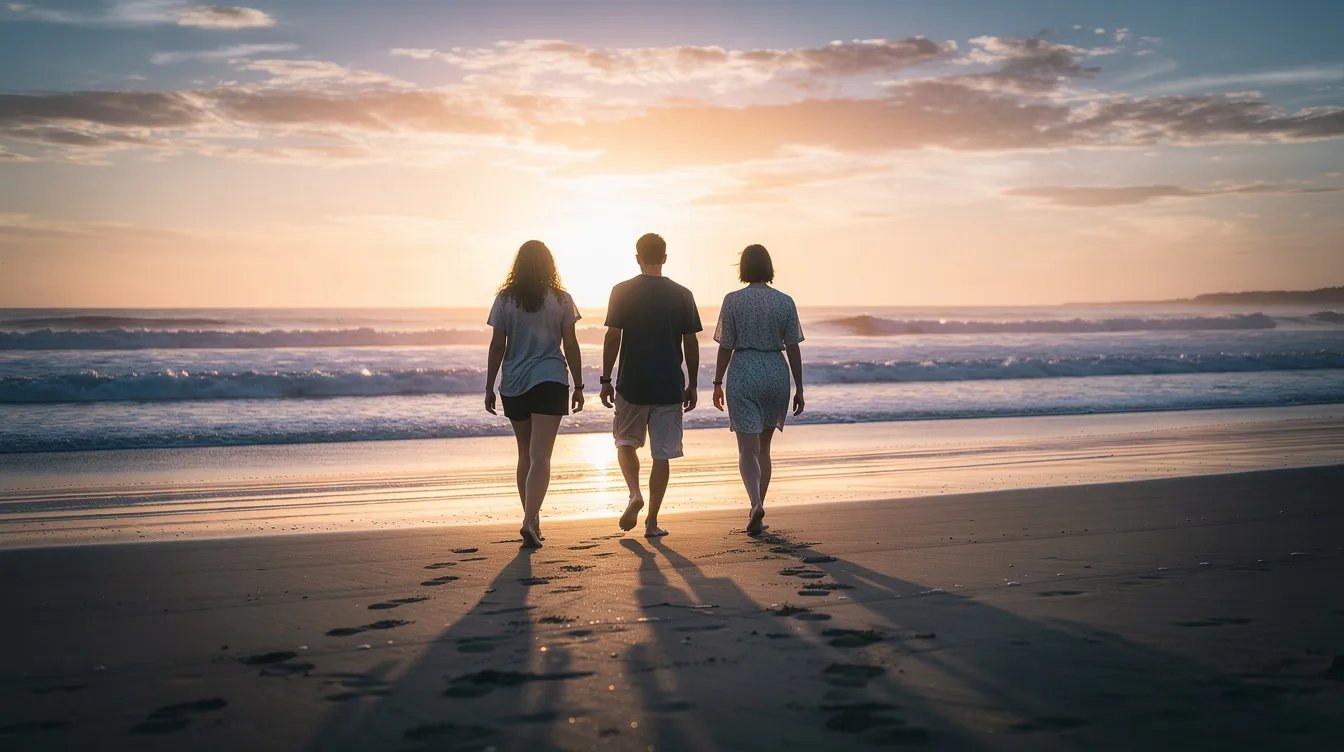 Three people, including a man and two women, walk together along a beach at sunset, with gentle waves lapping at the shore in the background. This moment captures the dynamics of their relationship as they enjoy each other's company, reflecting the openness and communication often found in three-person relationships.