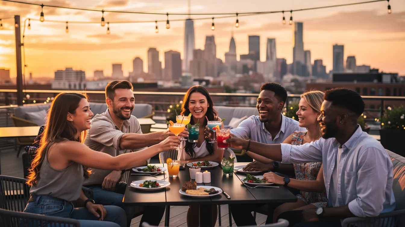 A group of friends joyfully clinks their glasses at a rooftop bar, with a stunning city skyline bathed in the warm glow of sunset in the background. This vibrant scene captures the essence of meaningful connections, reminiscent of the camaraderie found in dating apps where like-minded people gather to celebrate life.