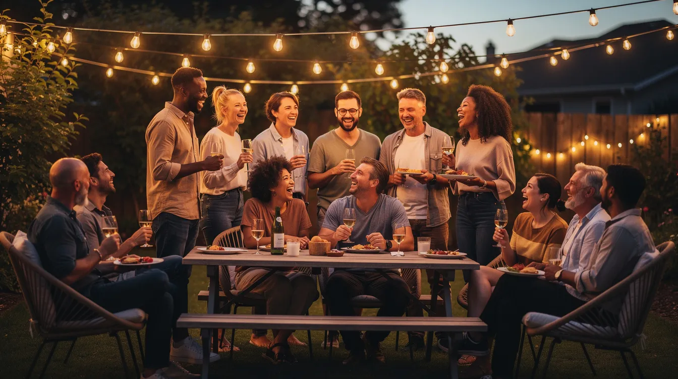 A diverse group of people, including individuals of various ages and backgrounds, are laughing and socializing under warm string lights at an outdoor evening gathering, embodying the spirit of connection and joy often celebrated on dating sites for couples. The atmosphere is lively, highlighting the importance of meaningful connections among like-minded people.