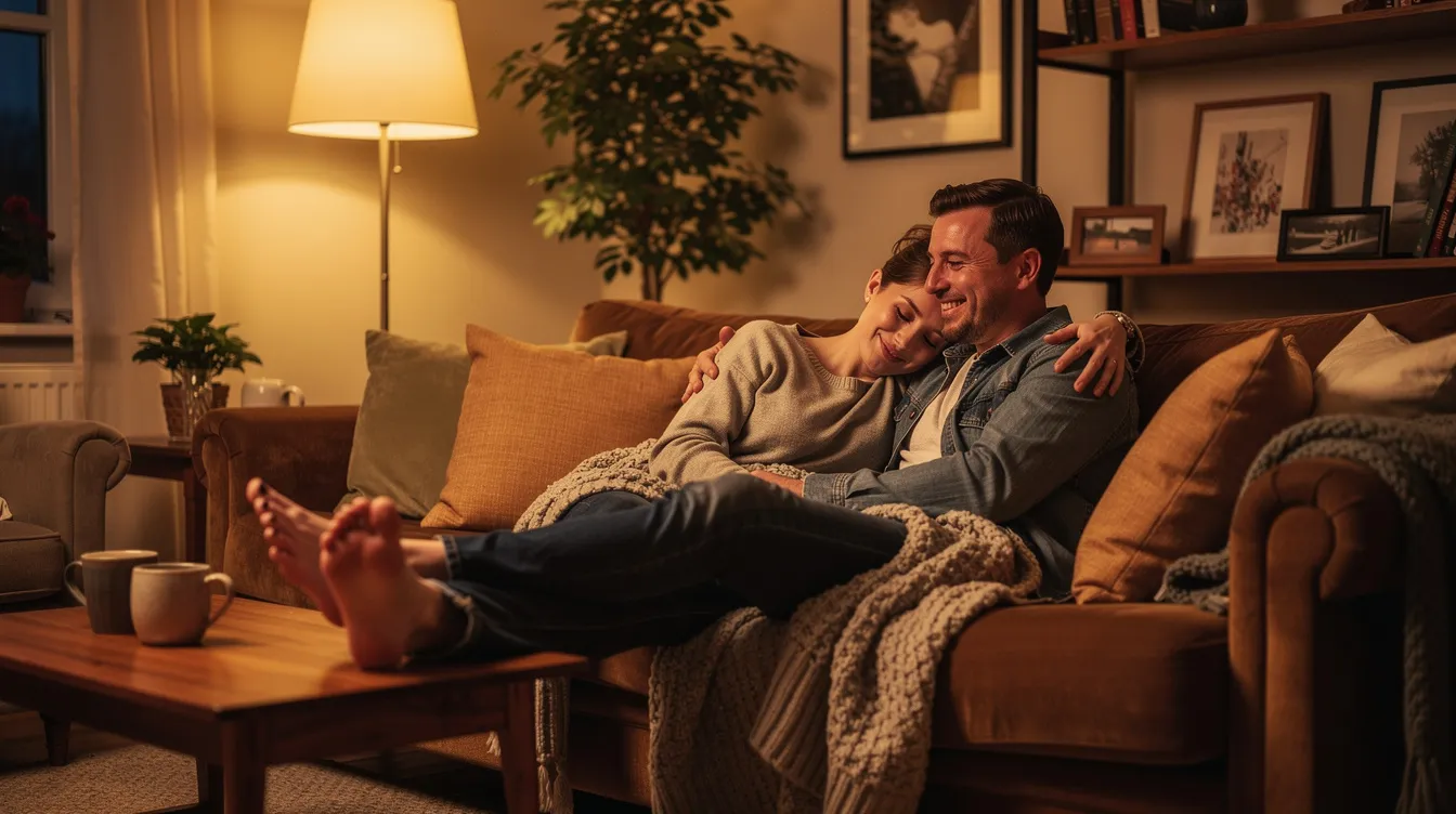 A married couple relaxes together on a couch in a cozy living room, exuding comfort and emotional connection as they enjoy each other's presence. The scene reflects their commitment to clear communication and mutual respect, embodying the essence of the hotwife lifestyle and ethical non-monogamy.
