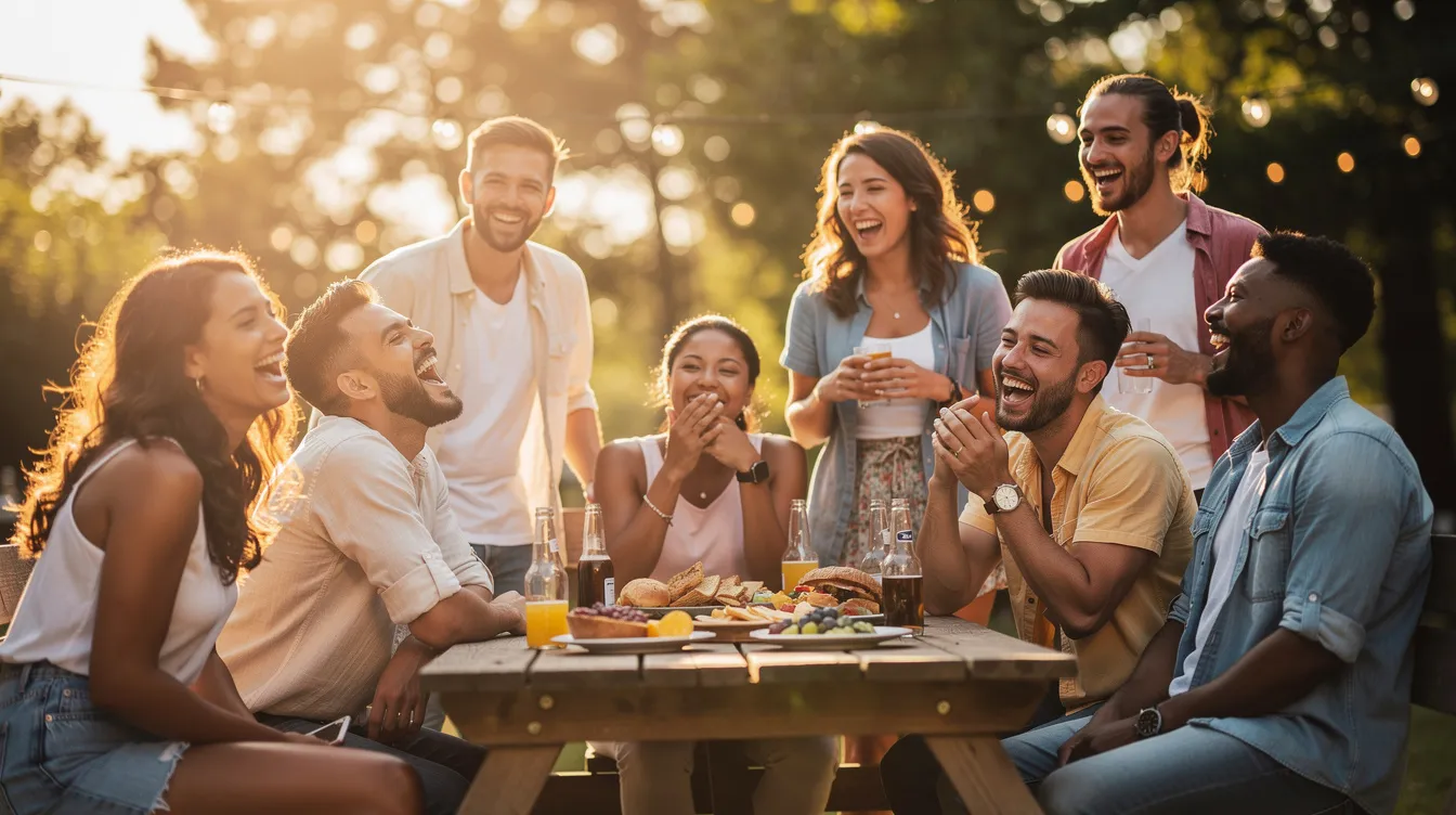 A diverse group of friends is laughing together at an outdoor social gathering, showcasing the joy of connection and mutual respect in their relationships. This scene reflects the importance of clear communication and emotional boundaries in both committed and non monogamous relationships.