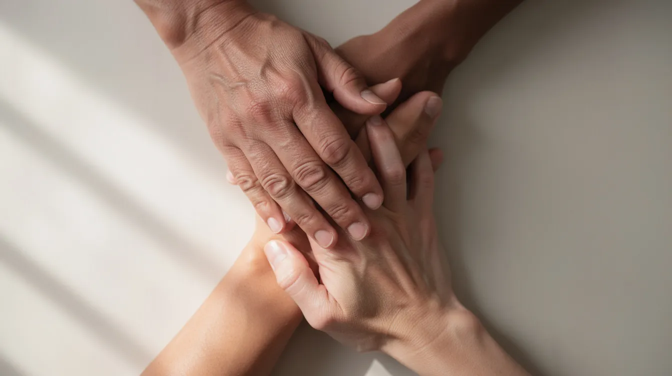 The image depicts three hands gently resting on top of each other, symbolizing connection and unity among three people in a relationship. This gesture reflects the dynamics of a closed triad, where individuals communicate and respect each other's feelings in a non-monogamous context.