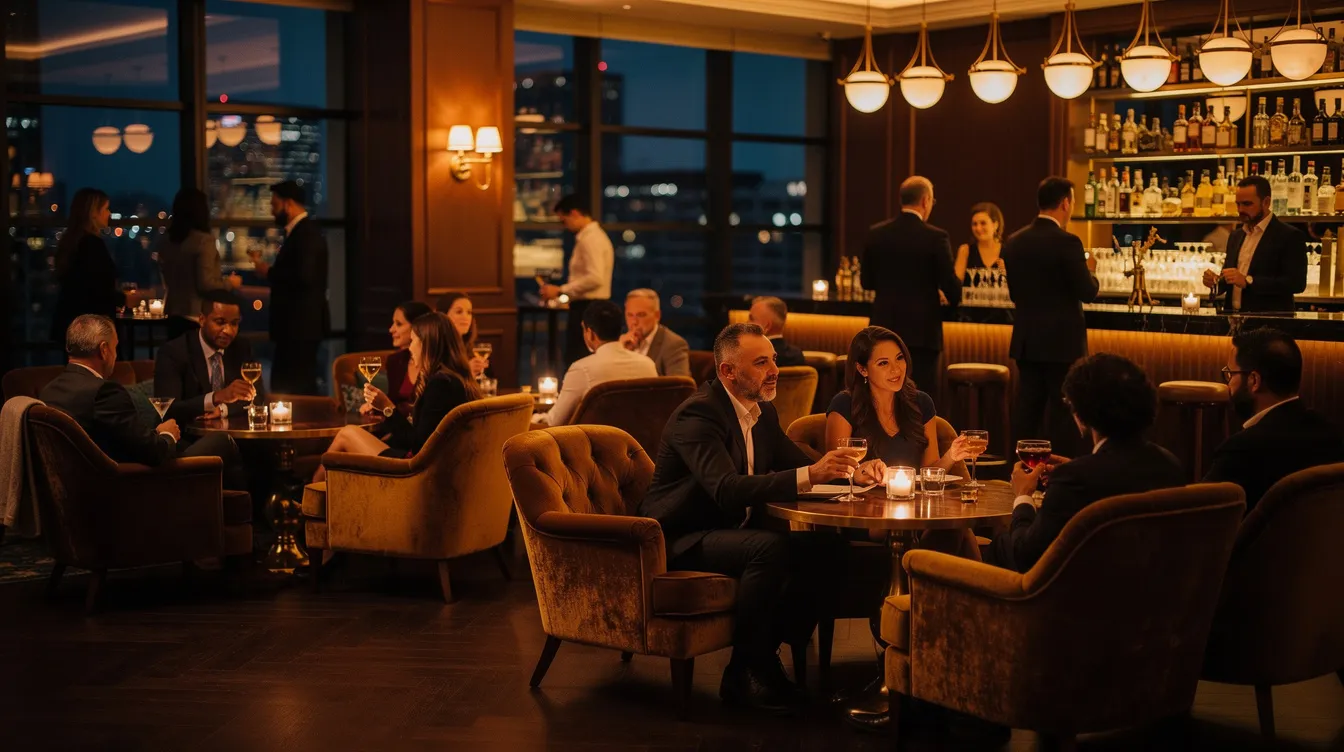 The image depicts a warmly lit upscale lounge where adults are mingling during an evening social gathering, with comfortable seating and ambient lighting creating a cozy atmosphere. Attendees, including single men and couples, enjoy their time as they connect and socialize in this private club setting.