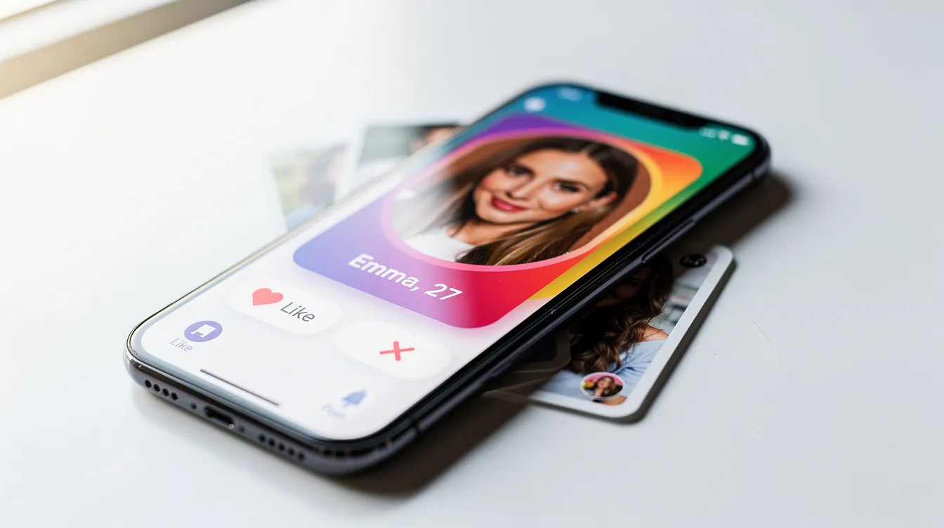 A smartphone screen displays a vibrant card-style dating app interface featuring profile photos of users, highlighting the possibilities of connecting with real people for friendships or relationships. The app emphasizes safety and user preferences, making it easy to meet new singles and explore potential matches.