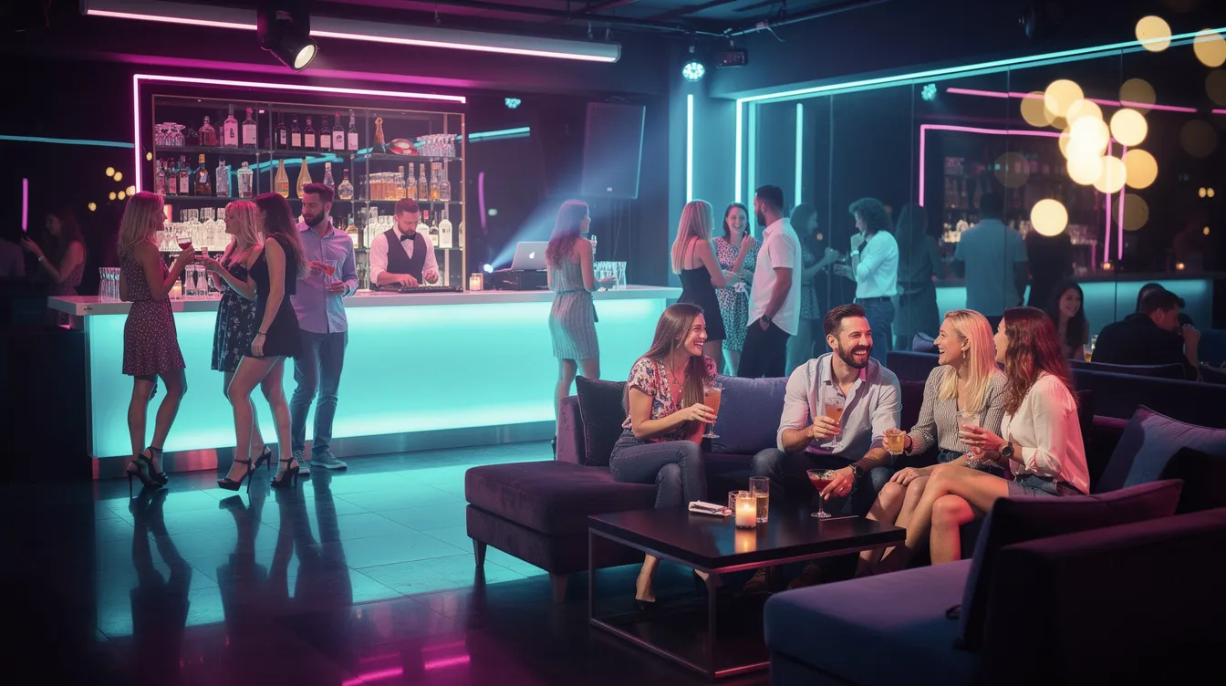 The image depicts a vibrant nightclub setting filled with lively attendees, including single men and couples, enjoying an evening of fun and connection. Colorful lights illuminate the lounge area as members socialize, creating an inviting atmosphere for adults to join and experience a memorable night.