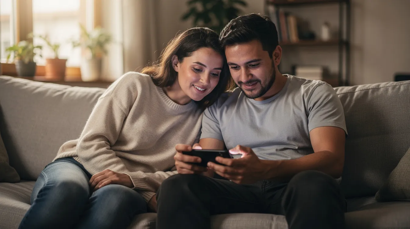 A girl and a guy are sitting together on a couch, focused on a smartphone screen as they explore a dating app, possibly planning their next double date or chatting with new people. The cozy setting suggests a relaxed atmosphere for connecting and sharing stories about their dating experiences.