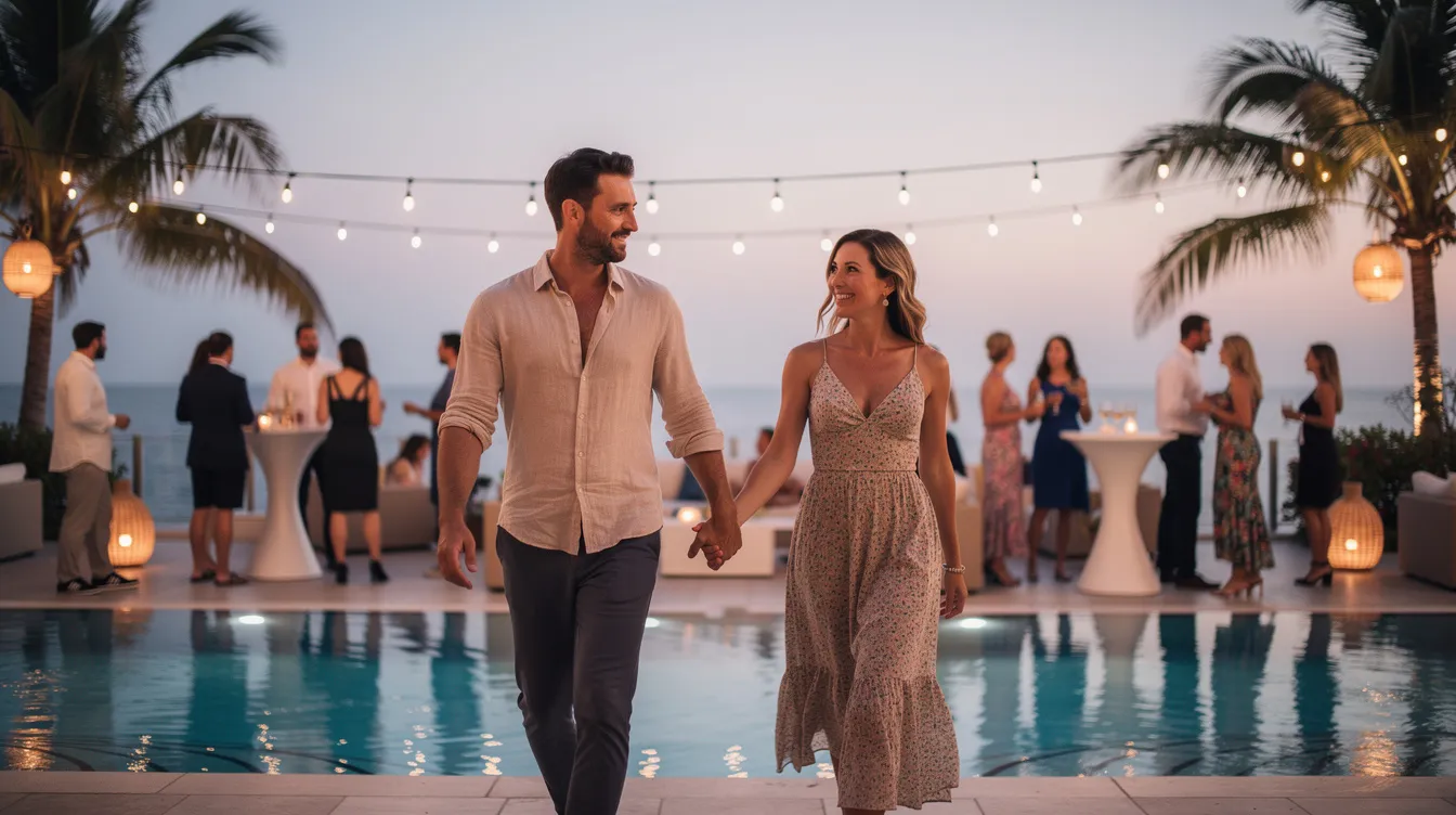 A couple is holding hands and walking together through a lively poolside social event at dusk, surrounded by soft lighting and seasonal decorations. The atmosphere is warm and inviting, making it a perfect setting to find connection and joy.