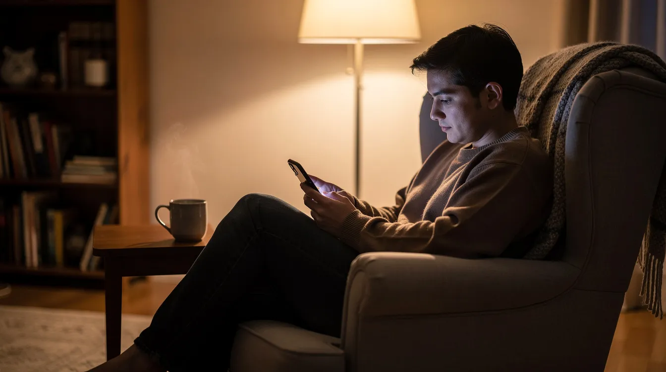 A person sits comfortably in a cozy chair, focused on their phone, while a warm cup of tea rests nearby, creating a peaceful atmosphere. This moment captures the essence of relaxation and personal space, inviting thoughts about relationships and communication in life.