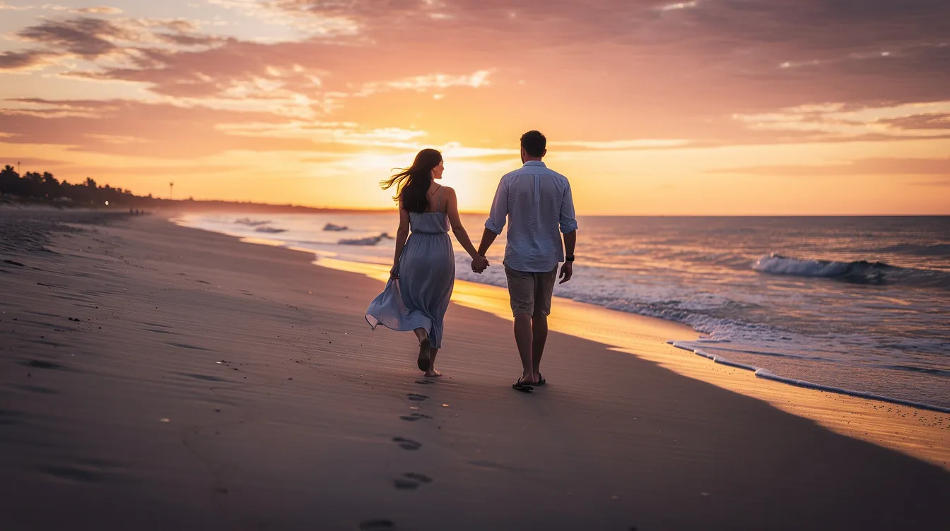 A couple walks hand in hand along a serene beach at sunset, symbolizing their committed relationship and mutual respect. The warm hues of the sunset create a romantic atmosphere, perfect for exploring the emotional boundaries and connection in their partnership.