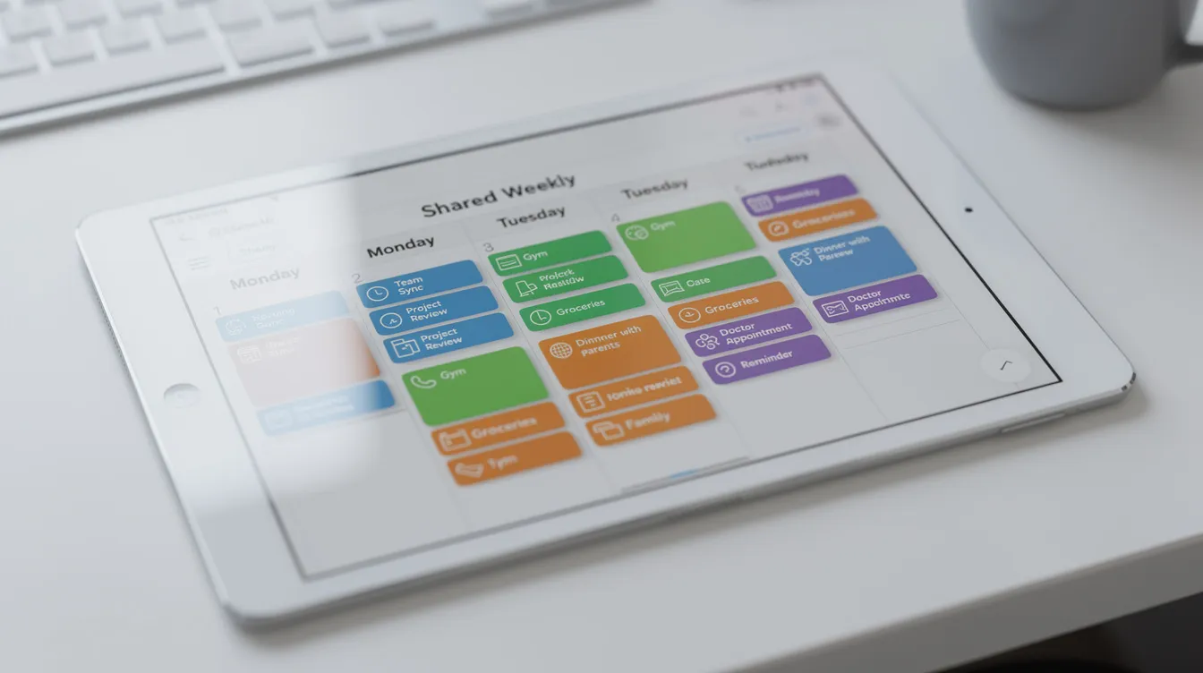 The image depicts a tablet screen displaying a shared weekly calendar filled with color-coded events, illustrating effective time management for non monogamous couples. This organized layout promotes clear communication and boundary setting among partners in open relationships.