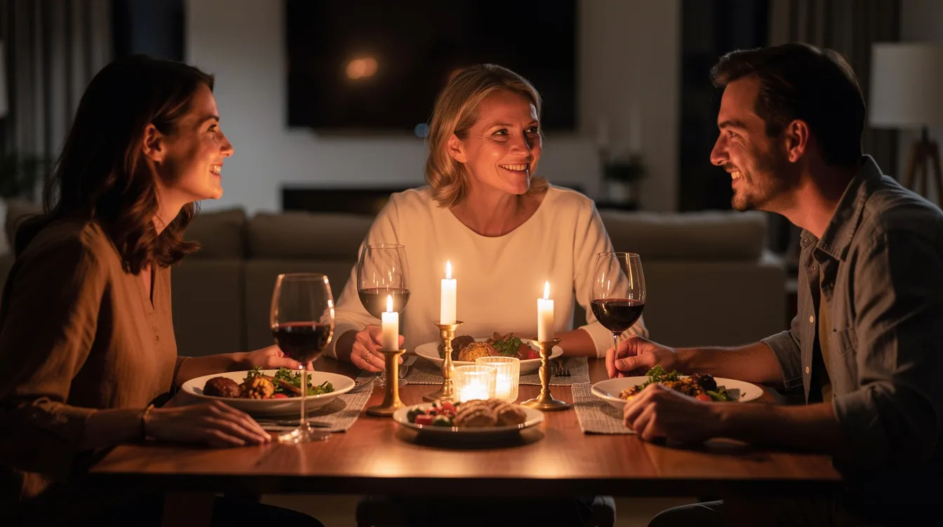Three people, including a woman and a man, are sharing a meal at a dinner table adorned with wine glasses and flickering candles, creating an intimate atmosphere for discussing their feelings and relationships. This moment captures the dynamics of a closed triad, where a third person joins an existing couple, highlighting the importance of communication and respect in non-monogamous arrangements.