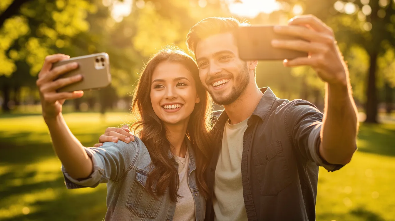 Two people are smiling and taking a selfie together in a sunny park, capturing a joyful moment that reflects their meaningful connection. This image embodies the spirit of dating sites for couples, where individuals can meet like-minded people and create lasting relationships.