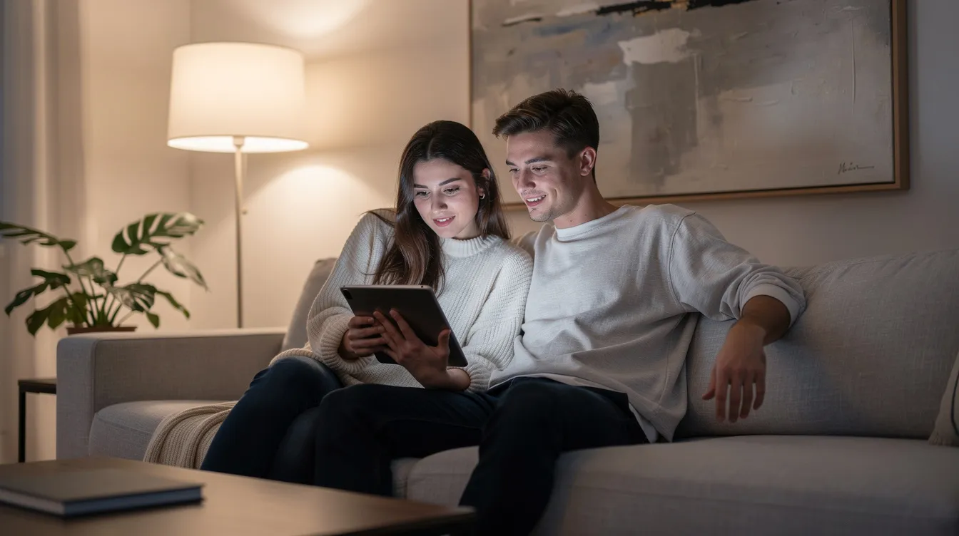 A couple is sitting together on a cozy couch in a modern living room, intently looking at a tablet screen. They appear engaged and happy, possibly exploring a leading dating app to connect with like-minded people and build meaningful connections.