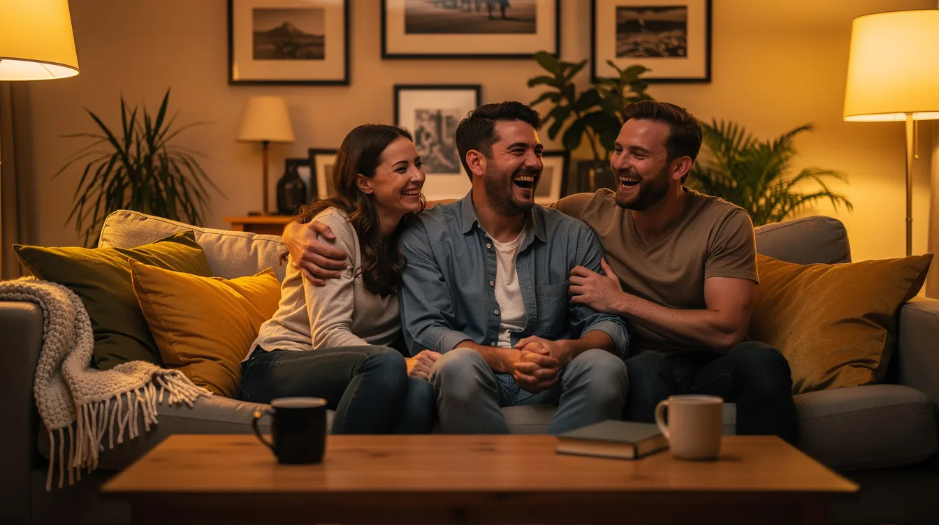 Three people, a woman and two men, are sitting together on a cozy couch in a warmly lit living room, sharing laughter and enjoying each other's company, exemplifying the dynamics of a three-person relationship. Their comfortable interactions suggest a strong bond, possibly indicating an open-minded approach to non-monogamy and the importance of communication in their existing relationship.
