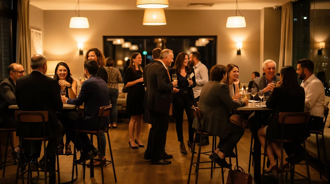 The image depicts a lively indoor social event where people are mingling and socializing under warm lighting, fostering an atmosphere of connection and open conversation. Attendees, including both monogamous and non-monogamous couples, engage in discussions about relationships, commitment, and the dynamics of healthy open relationships.