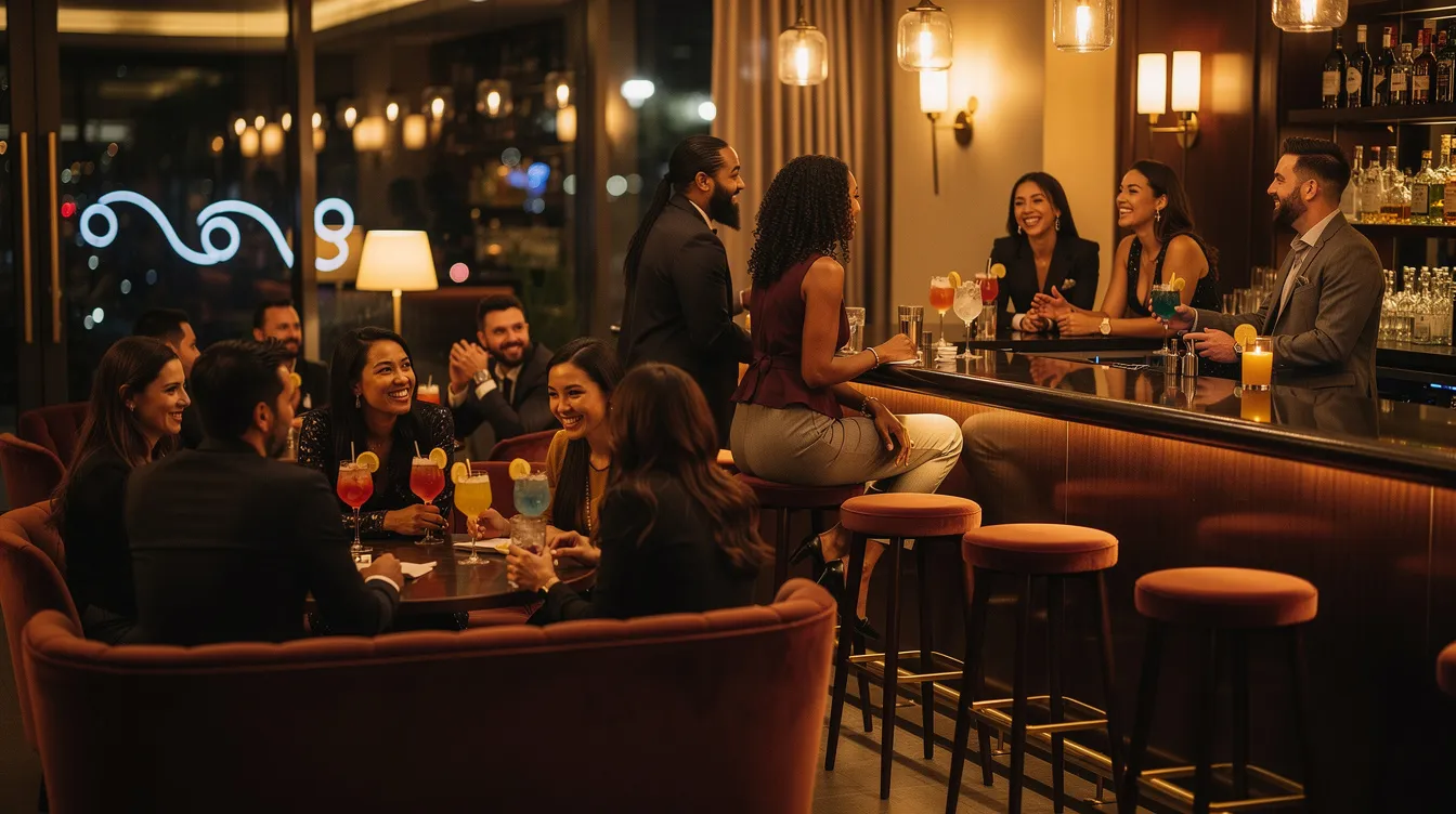 A diverse group of adults is socializing in a warmly lit lounge bar, enjoying cocktails and displaying relaxed body language, creating a cozy atmosphere perfect for finding connection this season.