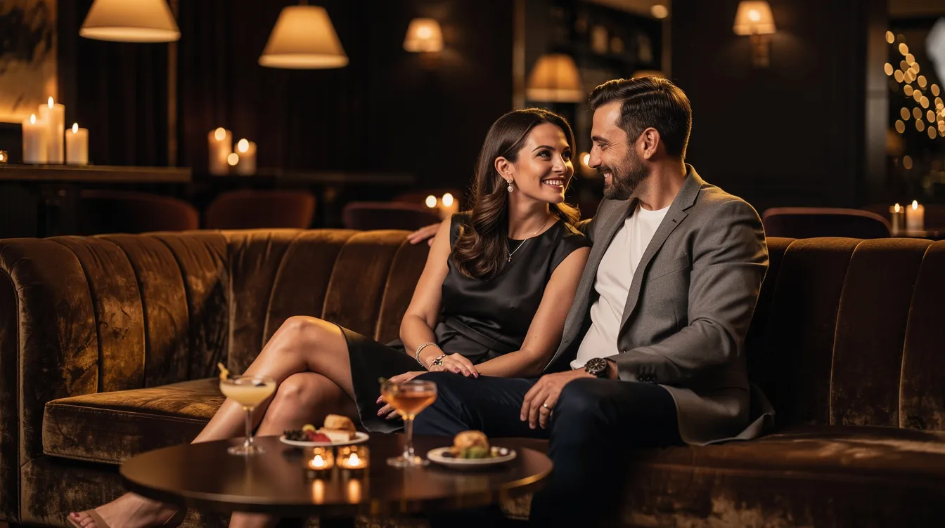 A stylish couple is seated comfortably in an upscale lounge, surrounded by soft lighting that creates a relaxed atmosphere. They share an emotional connection, embodying the hotwife lifestyle as they enjoy each other's company and engage in open communication about their desires and relationship dynamics.