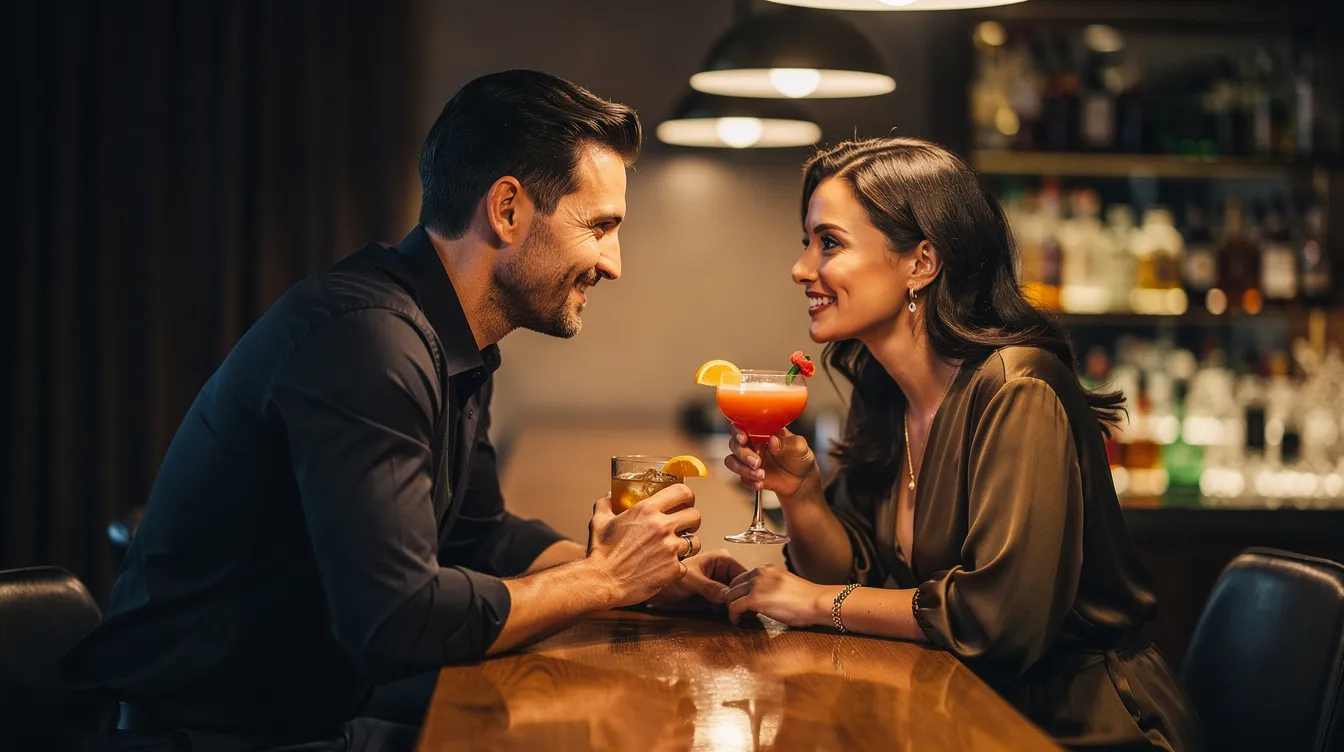 A man and a woman are enjoying cocktails at a stylish bar, leaning in towards each other with relaxed body language that suggests an emotional connection and mutual respect. This scene reflects the hotwife lifestyle, where the couple embraces sexual freedom and open communication about their desires and relationships.