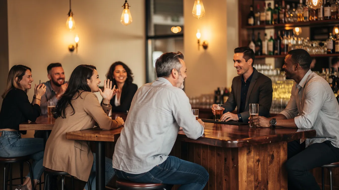A diverse group of real people is enjoying a casual evening at a bar, surrounded by warm lighting that creates a cozy atmosphere for socializing and connecting. This scene captures the essence of friendship and the possibilities of meeting new people, reminiscent of a dating app experience where users can chat and explore relationships.